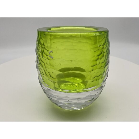Faceted Green and Clear Art Glass Votive Holder Heavy Quality Glass Collectible - Picture 6 of 15